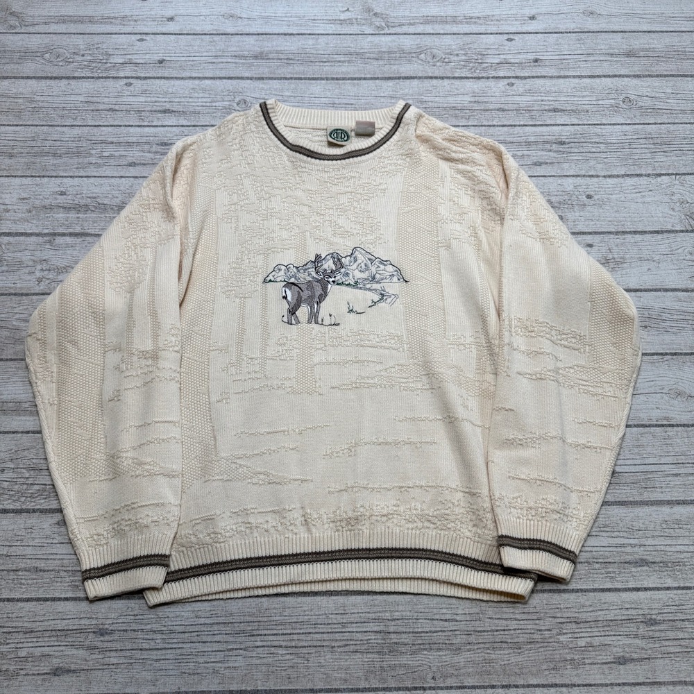 Vintage 90s Sears R&R Sweater Mens Large White Cable Knit Deer Mountain Pullover